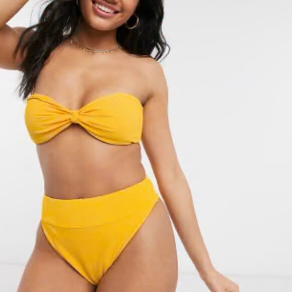 Abercrombie Yellow Ribbed Knot Bandeau Bikini Set XL Top L High Cheeky Bottom - Picture 16 of 16